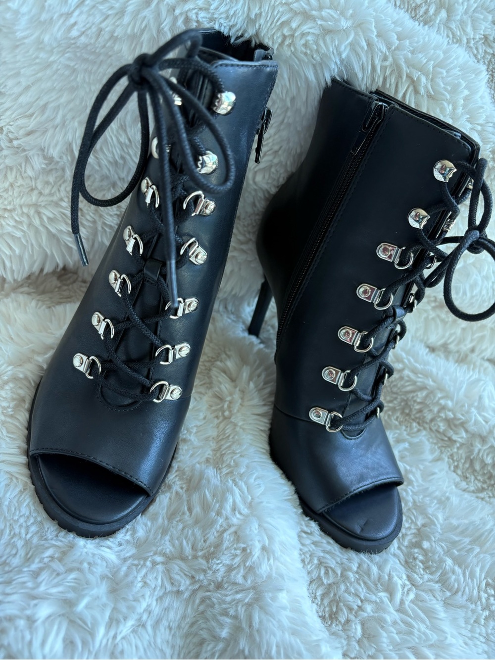 INC International Concepts Black Lace-Up Peep Toe Ankle Boots - Picture 6 of 11